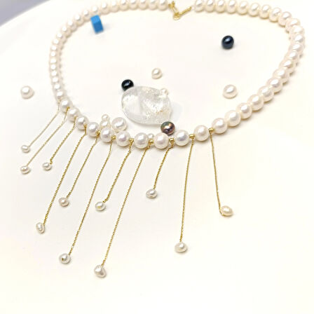 Püsküllü Dorika Toplu Gerçek İncili Gerdanlık Kolye 14 Ayar Altın HD VİDEOLU