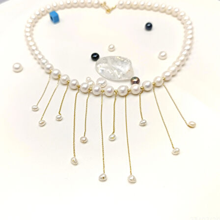 Püsküllü Dorika Toplu Gerçek İncili Gerdanlık Kolye 14 Ayar Altın HD VİDEOLU