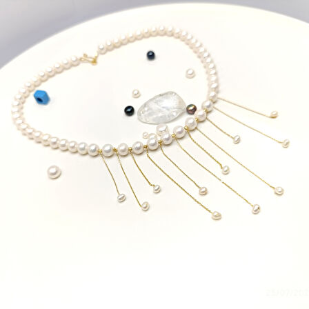 Püsküllü Dorika Toplu Gerçek İncili Gerdanlık Kolye 14 Ayar Altın HD VİDEOLU