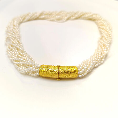 Gerçek İnci Antik Kilitli Gerdanlık Kolye 14 Ayar Altın HD VİDEOLU