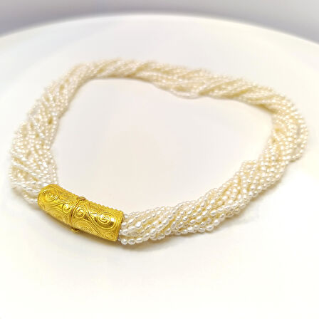 Gerçek İnci Antik Kilitli Gerdanlık Kolye 14 Ayar Altın HD VİDEOLU