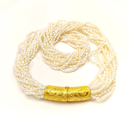 Gerçek İnci Antik Kilitli Gerdanlık Kolye 14 Ayar Altın HD VİDEOLU