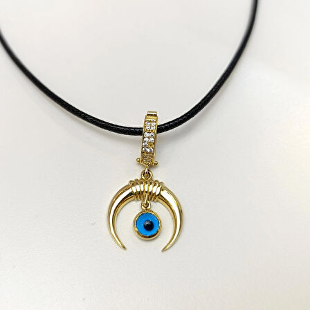 Charm Göz Boncuklu Boynuz Kolye 14 Ayar Altın HD VİDEOLU