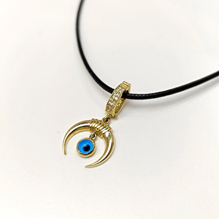 Charm Göz Boncuklu Boynuz Kolye 14 Ayar Altın HD VİDEOLU