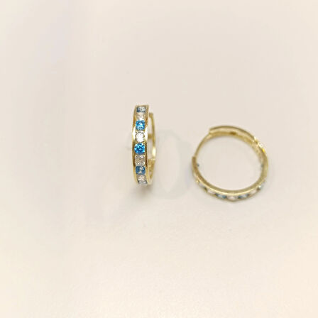 17.2mm Aqua Mavisi Taşlı Su Yolu Halka Küpe 14 Ayar Altın HD VİDEOLU