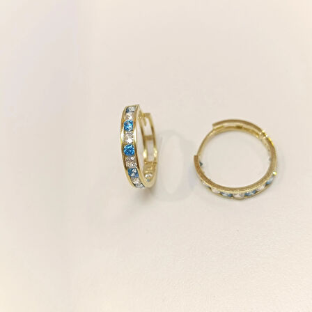 17.2mm Aqua Mavisi Taşlı Su Yolu Halka Küpe 14 Ayar Altın HD VİDEOLU