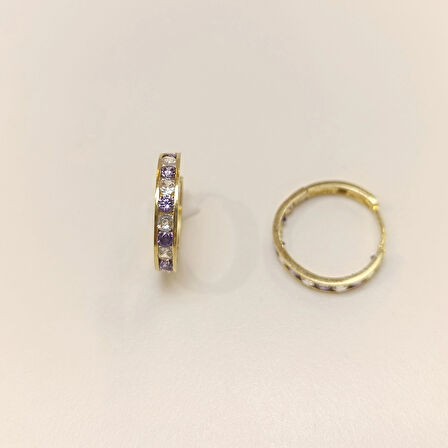 17.2mm Lila Taşlı Su Yolu Halka Küpe 14 Ayar Altın HD VİDEOLU