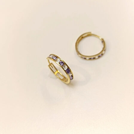 17.2mm Lila Taşlı Su Yolu Halka Küpe 14 Ayar Altın HD VİDEOLU