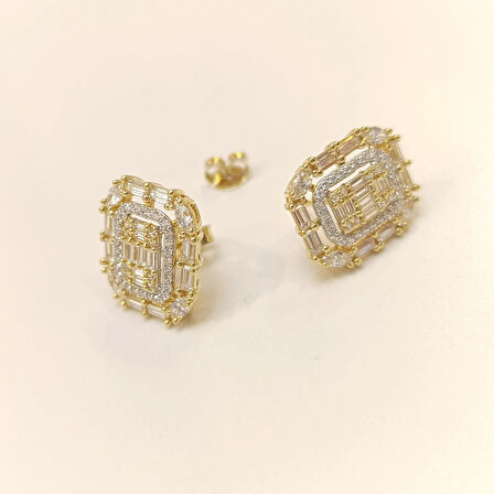 Büyük Boy Baget Taşlı Küpe 14 Ayar Altın HD VİDEOLU