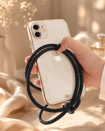 Siyah Taşlı Telefon Boyun Askısı – Kristal Taşlı Şık Boyun Askısı
