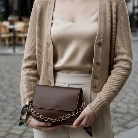 Celeste Bag Acı Kahve Fular ve Zincir Detaylı Kadın Omuz Çantası