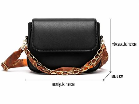 Celeste Bag Siyah Fular ve Zincir Detaylı Kadın Omuz Çantası