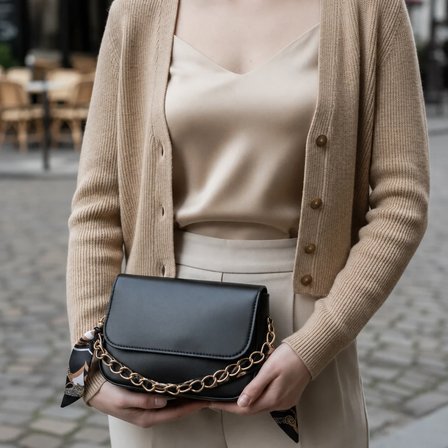 Celeste Bag Siyah Fular ve Zincir Detaylı Kadın Omuz Çantası