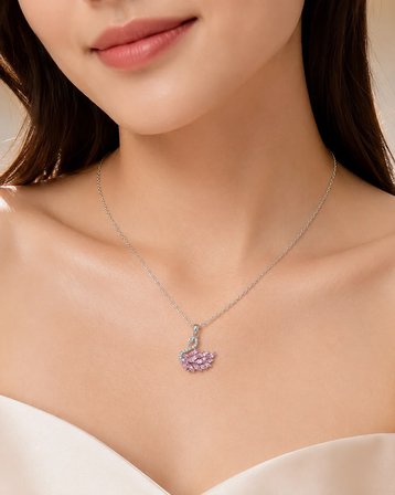 Pembe Taşlı Kuğu Çelik Kolye – Gümüş