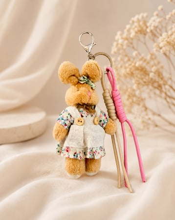 Peluş Tavşan Figürlü Pembe Çanta Charmı ve Anahtarlık