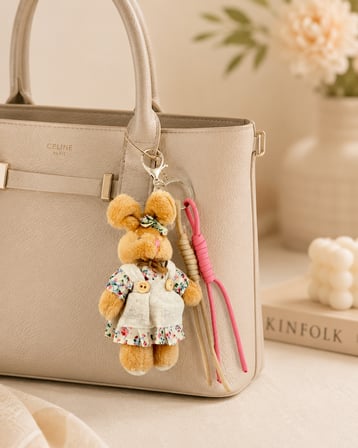 Peluş Tavşan Figürlü Pembe Çanta Charmı ve Anahtarlık