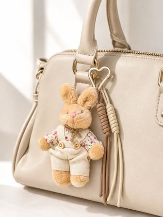 Peluş Tavşan Figürlü Krem & Kahverengi Çanta Charmı ve Anahtarlık