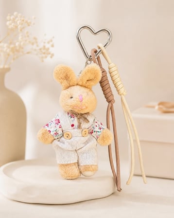 Peluş Tavşan Figürlü Krem & Kahverengi Çanta Charmı ve Anahtarlık