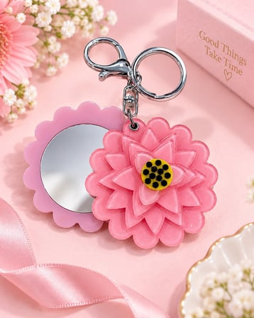 Pembe Lotus Çiçeği Aynalı Anahtarlık Çanta Charmı