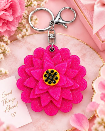 Fuşya Lotus Çiçeği Aynalı Anahtarlık Çanta Charmı