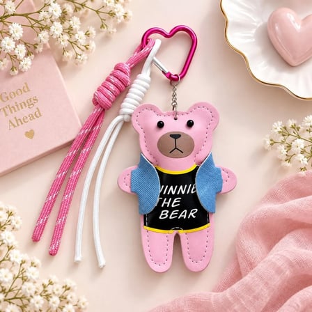 Pembe Deri Ayıcık Figürlü Çanta Charmı ve Anahtarlık