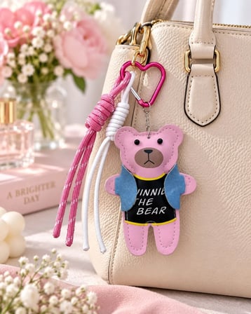 Pembe Deri Ayıcık Figürlü Çanta Charmı ve Anahtarlık