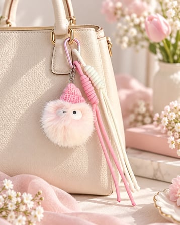 Puffy Pudra Pembe Bereli Ponpon Çanta Charmı