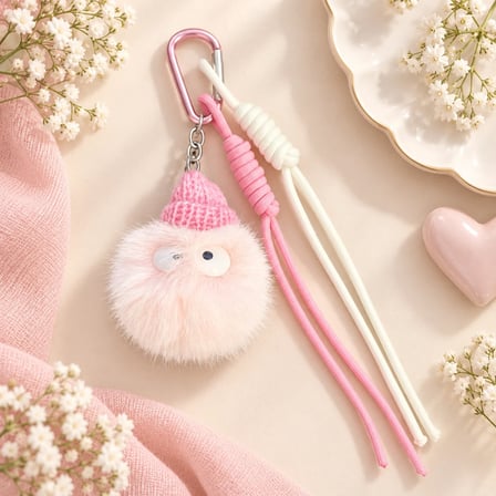 Puffy Pudra Pembe Bereli Ponpon Çanta Charmı