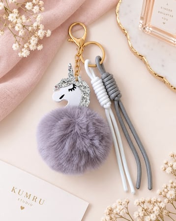 Gri Unicorn Ponponlu Çanta Charmı