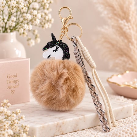 Kahverengi - Siyah Unicorn Ponponlu Çanta Charmı