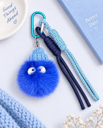 Puffy Mavi Bereli Ponpon Çanta Charmı