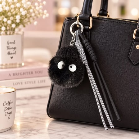 Puffy Siyah Bereli Ponpon Çanta Charmı