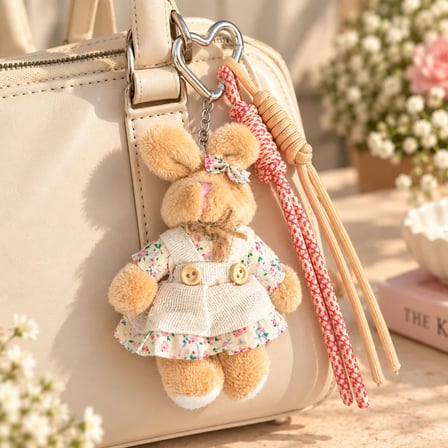 Peluş Tavşan Figürlü Pembe-Kahverengi Çanta Charmı ve Anahtarlık
