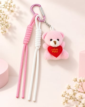 Pembe Love Teddy Ayıcık Figürlü İpli Çanta Charmı