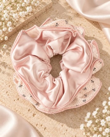 Pudra Pembe 4 Katmanlı Çiçek Desenli Fırfır Scrunchie Saç Tokası