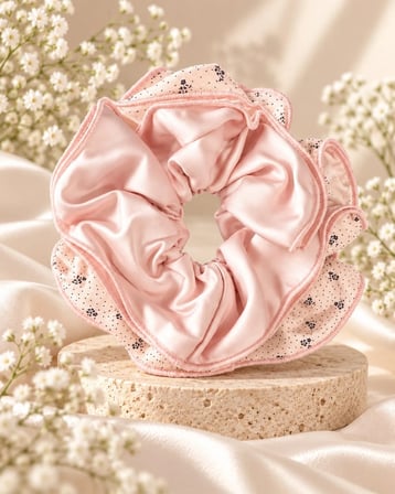 Pudra Pembe 4 Katmanlı Çiçek Desenli Fırfır Scrunchie Saç Tokası