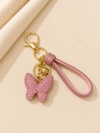 Pembe Kelebek Taşlı Çanta Charmı & Anahtarlık – Gold Detaylı Kristal Aksesuar