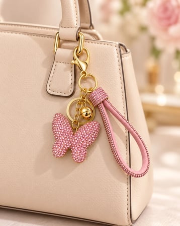 Pembe Kelebek Taşlı Çanta Charmı & Anahtarlık – Gold Detaylı Kristal Aksesuar