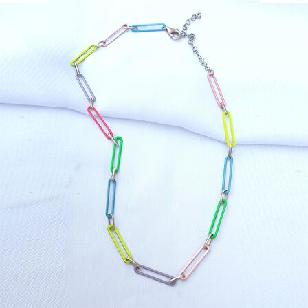 Renkli Mineli Zincir Gümüş Kolye