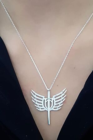 Gümüş Zirkon Taşlı Melek Kanatlı Kılıç Kolye 