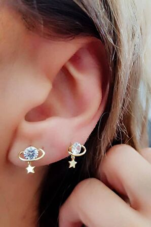 Gezegen Figürlü Gümüş Üzerine Altın kaplama zirkon taşlı minimal küpe