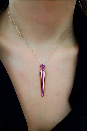Pembe zirkon taşlı yıldız figürlü gümüş üzerie rose altın kaplama modern yıldız kolye 