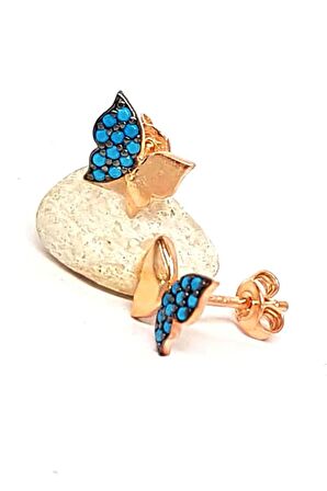 Kelebek Figürlü turkuaz taşlı gümüş üzerine rose altın kaplama küpe
