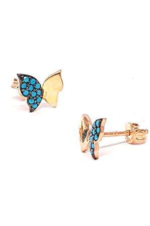 Kelebek Figürlü turkuaz taşlı gümüş üzerine rose altın kaplama küpe