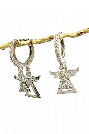 Melek Figürlü Zirkon Taşlı Gümüş Kadın Küpe