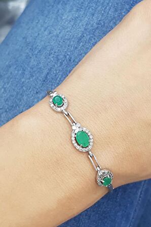 Kök Zümrüt ve zirkon taşlı gümüş Kadın bileklik