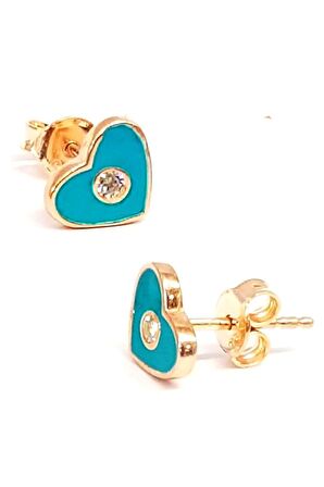 Mavi mineli zirkon taş detaylı gümüş üzerine rose altın kaplamalı kalp küpe