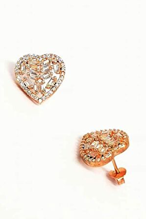 Baget Kesim zirkon Taşlı Gümüş Kalpli Küpe 