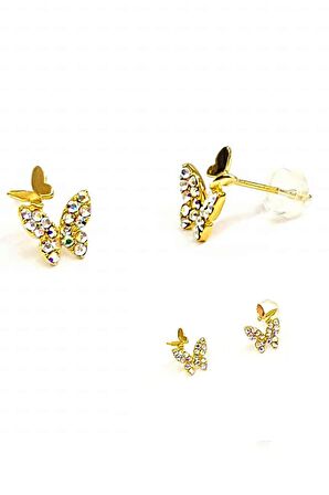 Swarovski taşlı gümüş üzerine altın kaplamalı Minimal kelebek  küpe