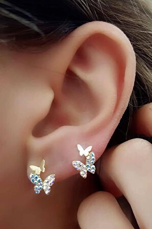 Swarovski taşlı gümüş üzerine altın kaplamalı Minimal kelebek  küpe